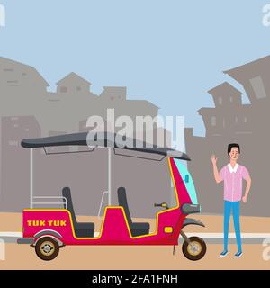 Tuk Tuk Asian auto rickshaw three wheeler tricycle with local driver. Background city urban street Thailand, Indian countries baby taxi. Vector Stock Vector