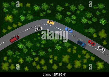 Top view of a forest road with car. Rural highway. Way with different vehicles. Transportation design elements. Landscape with way and cars. Vector Stock Vector