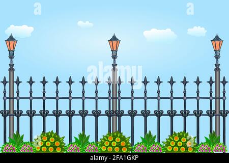 Iron fence with street flashlights and green plants.Decorative cast metal wrought fence with artistic forging.Black aluminum fence.Vector illustration Stock Vector