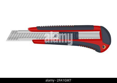 Red cutter knife. Stationery paper knife with retractable blade.Office knife. Tool for box cutter, repair and construction.Carpenter instrument.Vector Stock Vector