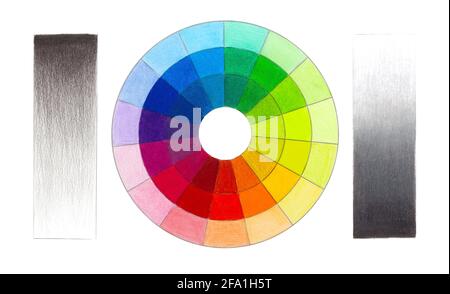 Colorful circle swatch for colored pencils with black and white gradient in different techniques isolated on white background. Stock Photo