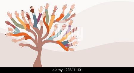 Group of hands of diverse and multi-ethnic people.Tree with branches made of human hands and arms.Community concept - racial equality - cooperation - Stock Vector