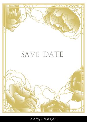Gold frame with flowers. Rectangle with golden peonies. Template for a greeting card or invitation.Vector. Stock Vector