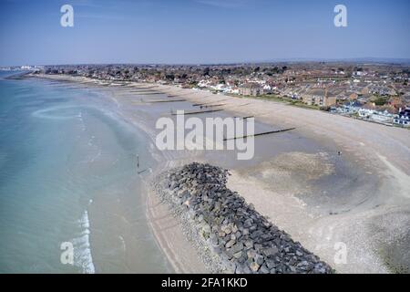 Aerial View along the sweeping beach of Middleton On Sea near Bognor Regis in West Sussex, a popular destination for tourists. Stock Photo