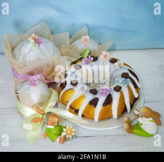Easter cake holiday outlay with wooden decoration Stock Photo