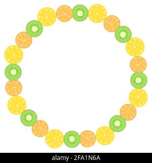 Simple round frame with fruits. Oranges lemons and kiwi in a circle. Vector.Template for design on the theme of food. Stock Vector