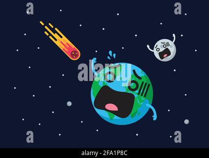 Giant asteroid is approaching to frightening earth. Flat style vector illustration Stock Vector
