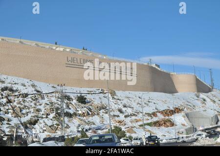 Israel, Golan Heights, The Druse village of Majdal Shams covered in snow Stock Photo