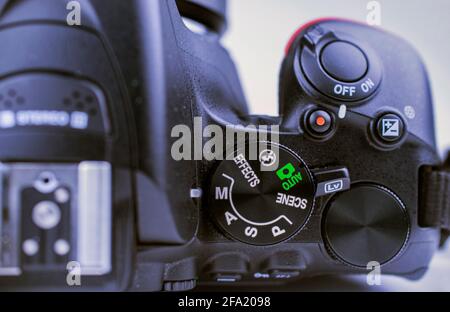 London, UK - January 30th 2021: Digital DSLR camera close up on the On / Off button Stock Photo