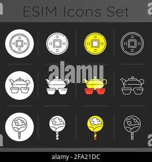 Asian ceremonies dark theme icons set Stock Vector