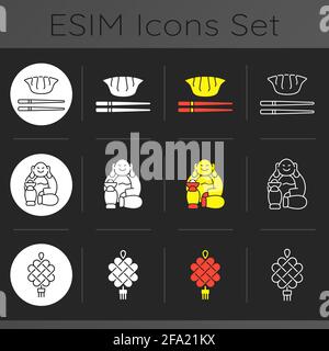 Chinese culture dark theme icons set Stock Vector
