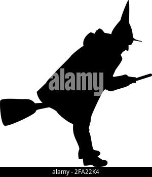 Silhouette fairy wizard witch flying on broom subject for halloween concept black color vector illustration flat style simple image Stock Vector