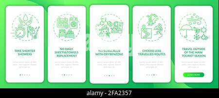 Sustainable tourism ideas onboarding mobile app page screen with concepts Stock Vector