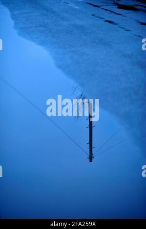 reflection of telephone pole and wires in roadside puddle Stock Photo