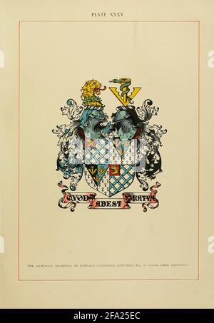 The art of heraldry : an encyclopædia of armory by Fox-Davies, Arthur Charles, 1871-1928 Published in London by T.C. & E.C. Jack in 1904. Heraldry is a broad term, encompassing the design, display and study of armorial bearings (known as armory), as well as related disciplines, such as vexillology, together with the study of ceremony, rank and pedigree. Armory, the best-known branch of heraldry, concerns the design and transmission of the heraldic achievement. The achievement, or armorial bearings usually includes a coat of arms on a shield, helmet and crest, together with any accompanying dev Stock Photo