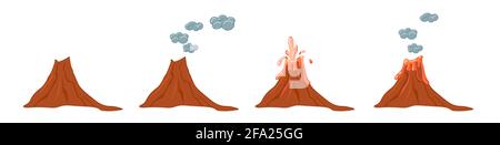 Vector set of cartoon volcanoes of varying degrees of eruption. Flat illustration with isolated objects. Stock Vector