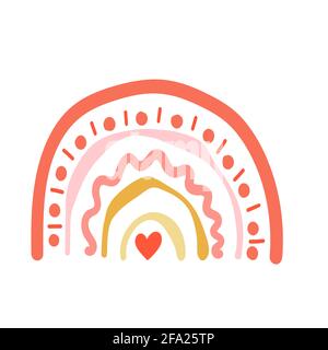 Cartoon boho rainbow in pink color. Vector illustration. Nursery print for playroom and kids, baby bedrooms Stock Vector