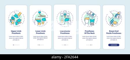 Prostheses types onboarding mobile app page screen with concepts Stock Vector