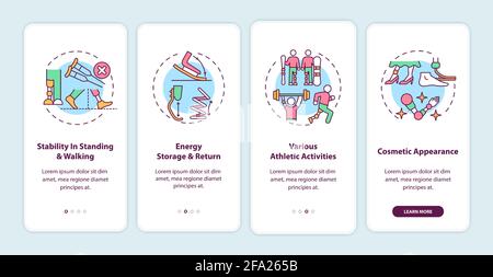 Lower-limb prostheses tasks onboarding mobile app page screen with concepts Stock Vector