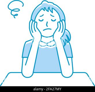 Young woman illustration sitting and rest her chin in her hands ( thinking, worried, nervous ) Stock Vector