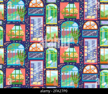 Seamless child bright texture of various windows with a floral pattern on dark blue background. Wallpaper with Facade with windows with different view Stock Vector