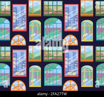Seamless childrens bright texture of various windows on dark violet background. Wallpaper with Facade with windows with different views. Vector patter Stock Vector
