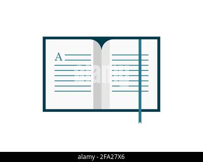 Open book icon with bookmark. Blue text book with lines of text and letter A. Literature and writing. Reading, learning and education concept. Vector Stock Vector