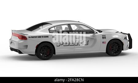 LOS ANGELES, UNITED STATES - Mar 02, 2021: Various angles of a white police car dodge charger sedan on a white background. American police department Stock Photo