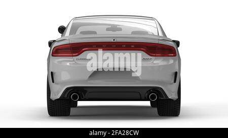 LOS ANGELES, UNITED STATES - Mar 02, 2021: Various angles of a white police car dodge charger sedan on a white background. American police department Stock Photo