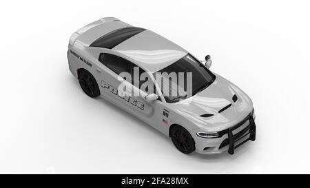 LOS ANGELES, UNITED STATES - Mar 02, 2021: Various angles of a white police car dodge charger sedan on a white background. American police department Stock Photo