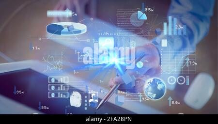 Composition of digital icons and data processing over man touching computer screen with pen Stock Photo