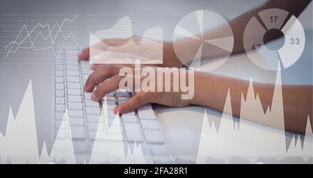 Composition of digital icons and data processing over woman typing on computer keyboard Stock Photo