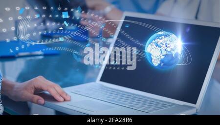 Composition of blue globe with binary coding processing over laptop screen Stock Photo
