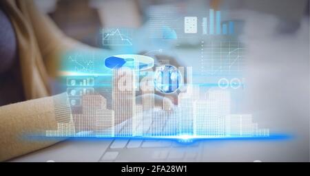 Composition of digital icons and cityscape over woman typing on computer keyboard Stock Photo