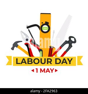 1 May Happy labour day background with working tools. Vector illustration Stock Vector