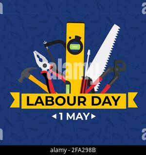 1 May Happy labour day background with working tools. Vector illustration Stock Vector