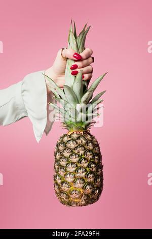 Cropped view of woman with red manicure holding pineapple isolated on pink Stock Photo