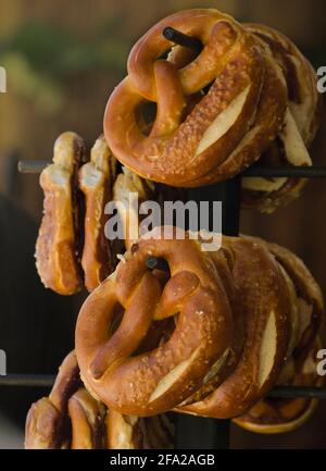 German pretzel, on display typical food, delicious snack Stock Photo