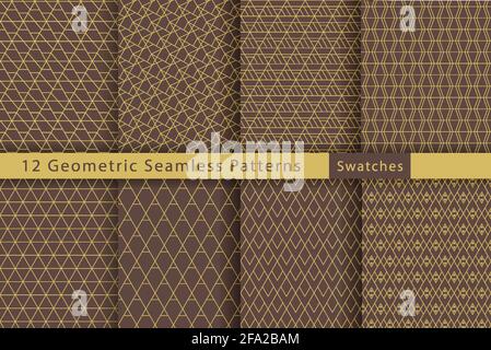 Geometric Seamless pattern. Simple golden line shapes on brown background. Vector illustration. Stock Vector