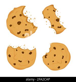 Set of Cookies with chocolate crisps bitten, broken, cookie crumbs in cartoon flat style isolated on white background. Snack bake, traditional bakery Stock Vector