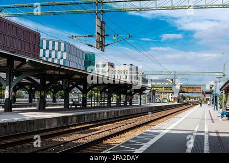 Lund railway station, central railway station with people around in Lund, Scania, Sweden Stock Photo