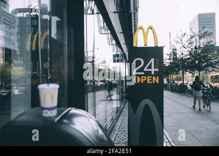 Copenhagen, Denmark - September 14, 2019. Mcdonalds restaurant 24 hours open in the downtown of Copenhagen. Stock Photo