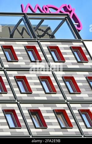 Moxy Hotel modern building a business brand property of Marriot International windows hotels sign near station Stratford Newham East London England UK Stock Photo