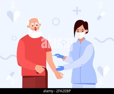 Vaccination of the elderly. Nurse with a syringe vaccinates grandpa. An injection of an antiviral vaccine. Colored vector illustration in flat style. Stock Vector