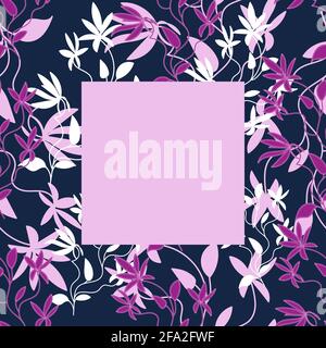 Floral frame template for photos, posters and banners, Exotic curly flowers in pink and purple tones, Hand draw style Stock Vector