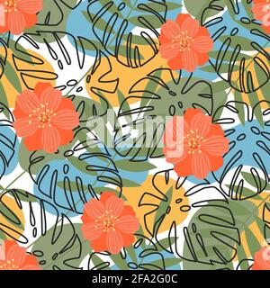 Abstraction from the contours of the leaves of tropical palm trees and flowers with jungle plants. Seamless vector pattern with colorful leaves Stock Vector
