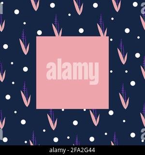 Floral frame template for photos, posters and banners, lavender flowers in pink and purple tones and white polka dots, hand draw style Stock Vector