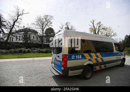 Prague, Czech Republic. 22nd Apr, 2021. Patrol of Czech police in front of the Embassy of the Russian Federation in Prague, Czech Republic, on Thursday, April 22, 2021. Russia should allow the return of the 20 Czech expelled diplomats to the Czech embassy in Moscow by 12:00 on Thursday and if it does not do so, Foreign Minister Jakub Kulhanek (CSSD) will decide on cutting the Russian staff in Prague on Thursday afternoon, he said. Credit: Michal Kamaryt/CTK Photo/Alamy Live News Stock Photo