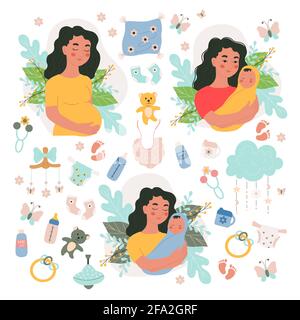 Set of different female pregnancy and newborn characters and items for babies, mother and baby on hands set, vector illustration in doodle style, hand Stock Vector
