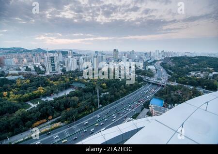 Aerial view of the skyline with offices, residential high rise buildings and skyscrapers of the central district of Jiefang in Urumqi in Xinjiang, China, PRC.  © Time-Snaps Stock Photo